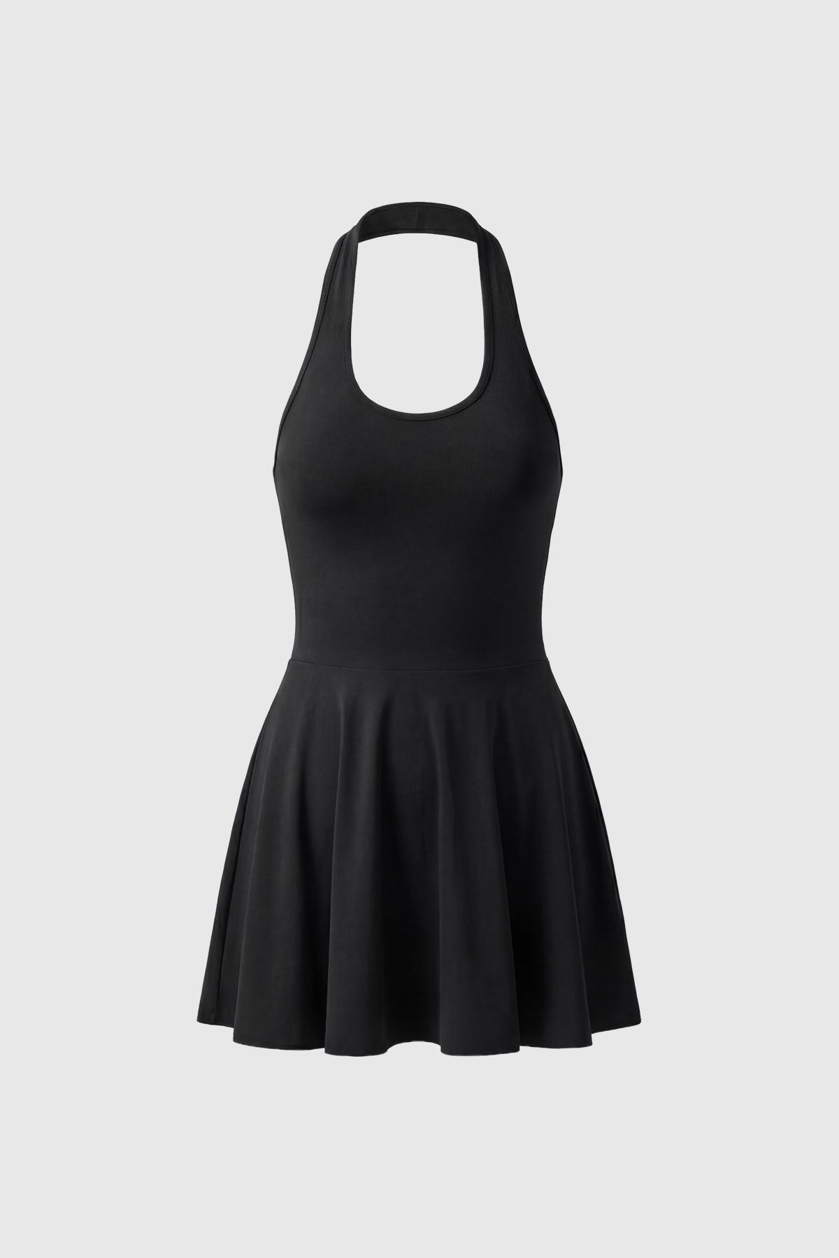 Black golf dress with built-in shorts and halter neck