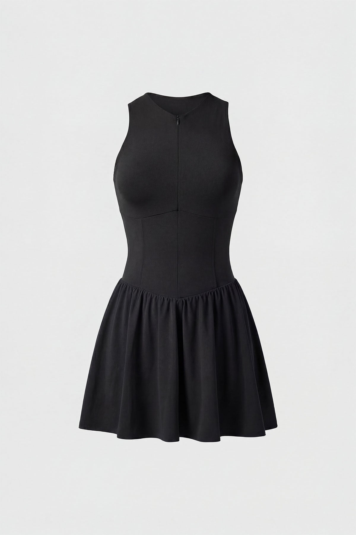 A black sleeveless tennis dress with a zipper closure, built-in shorts and a pocket