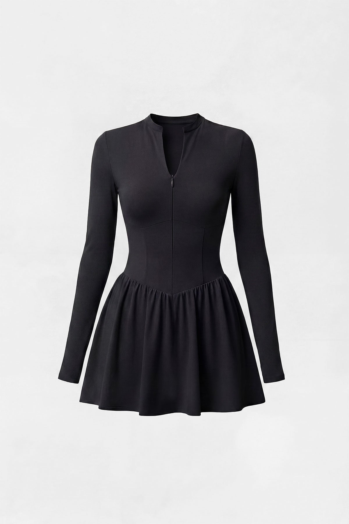 A black long sleeve golf dress with a zipper closure, built-in shorts and a side pocket