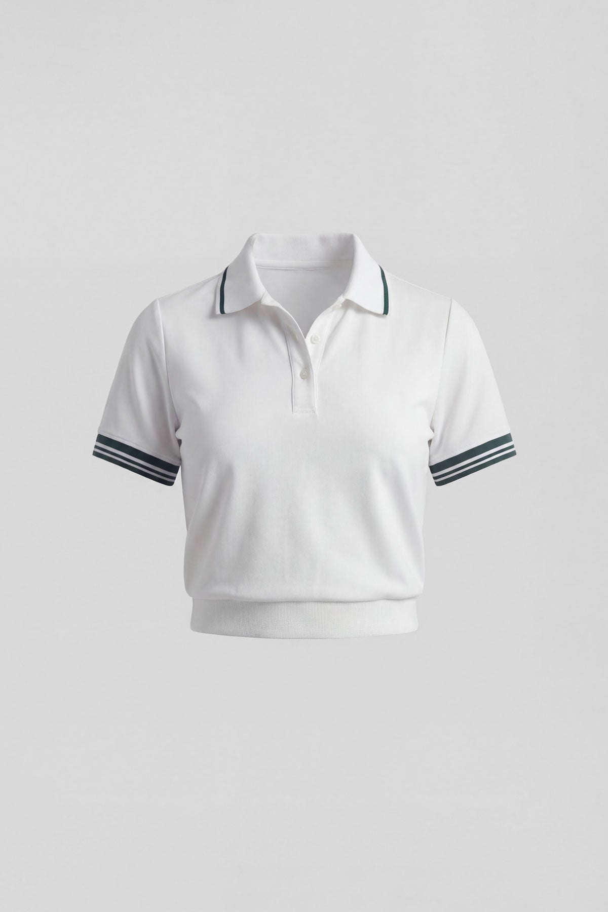 A white women's golf polo top with dark green stripes on the collar and sleeves