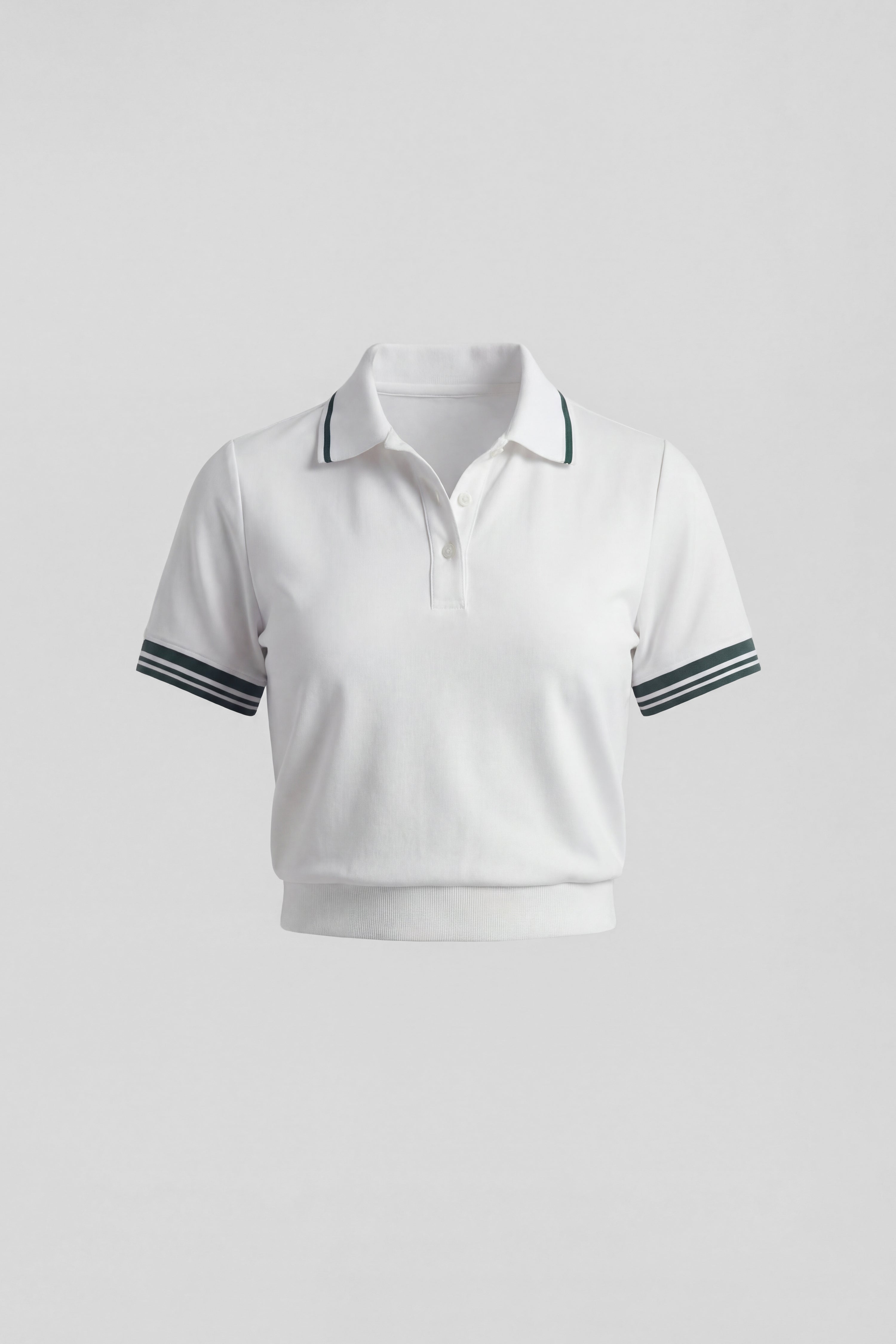 A white women's golf polo top with green stripes