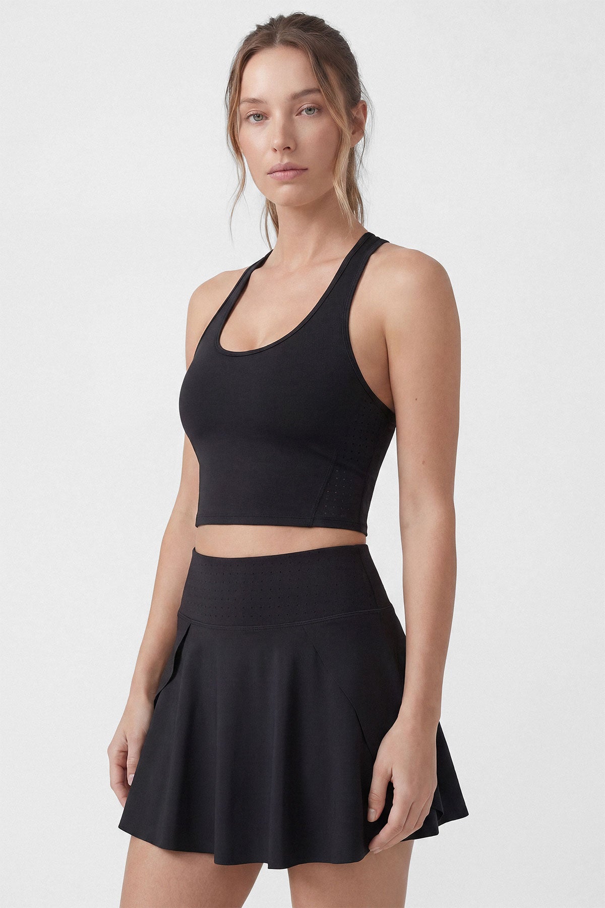 A black tennis sports bra with removable bra cups 