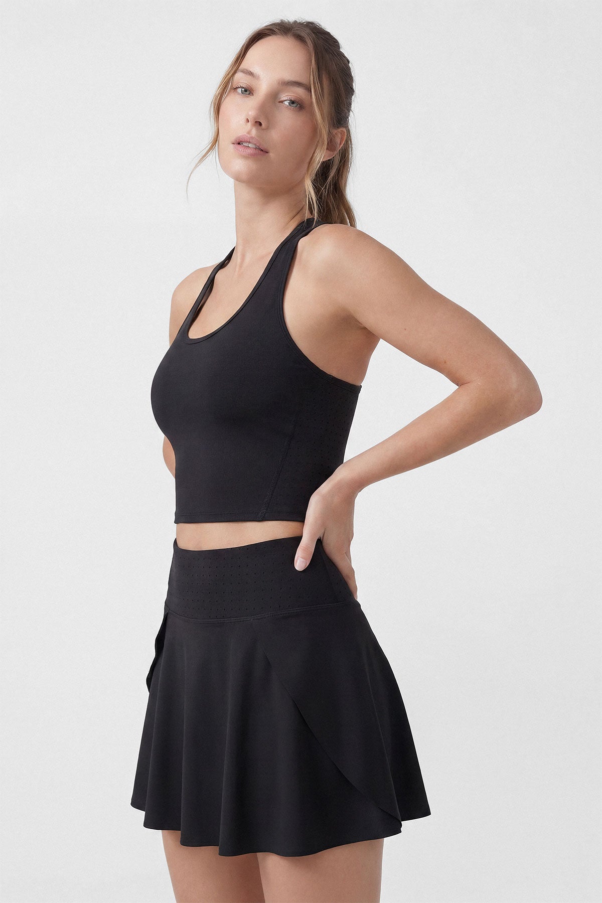 A black tennis sports bra with removable bra cups 