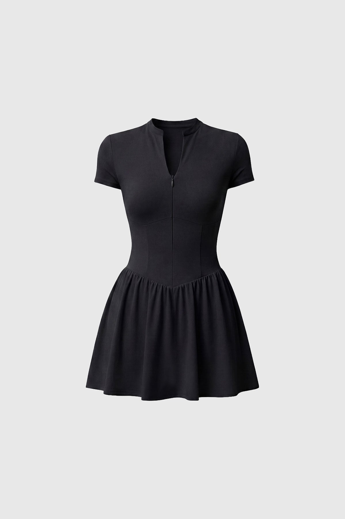 Black golf dress with short sleeves, built-in shorts and pocket